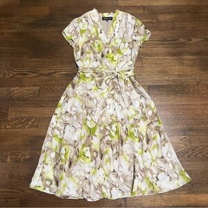 Jones New York Watercolor Floral Wrap Midi Dress - Lime/Taupe